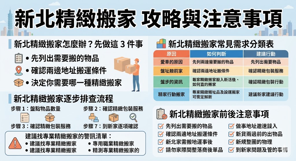 想找新北精緻搬家，先別只看價格，包裝防護、家具拆裝、搬運動線與報價細節都要一起確認。本文整理新北精緻搬家常見需求、排查流程、專業搬家警訊與搬家前後注意事項，幫助你判斷適合哪種精緻搬家服務，降低家具刮傷、現場加價與搬運延誤風險。