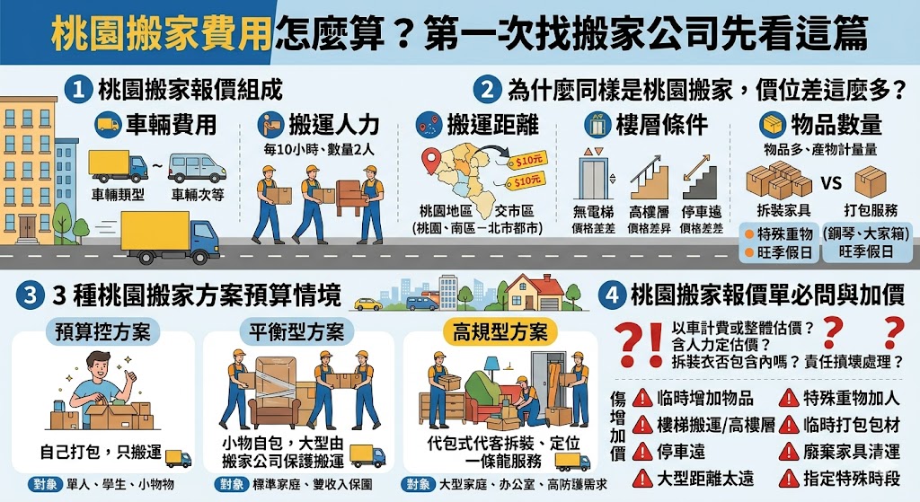 桃園搬家費用會依物品數量、車趟、人力、樓層、有無電梯、家具拆裝與搬運距離而不同。第一次找桃園搬家公司時,建議先了解報價單包含哪些項目,避免搬家當天才被追加費用。本文整理桃園搬家費用組成、影響報價因素、預算選擇與必問問題,幫助你快速判斷合理方案並安心詢價。