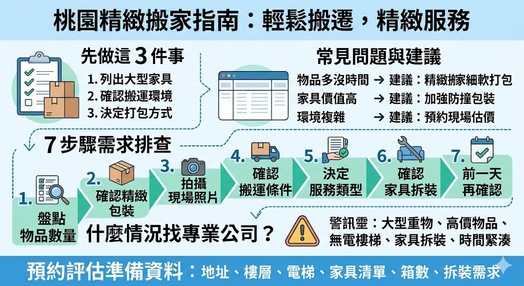 桃園精緻搬家適合重視家具防護、打包整理與搬後定位的人。本文整理桃園精緻搬家前要先做的 3 件事、常見問題分類、7 步驟排查流程與注意事項，幫助你搬家前確認物品清單、搬運環境、包裝需求與專業搬家公司選擇重點，降低臨時加價與搬運風險。