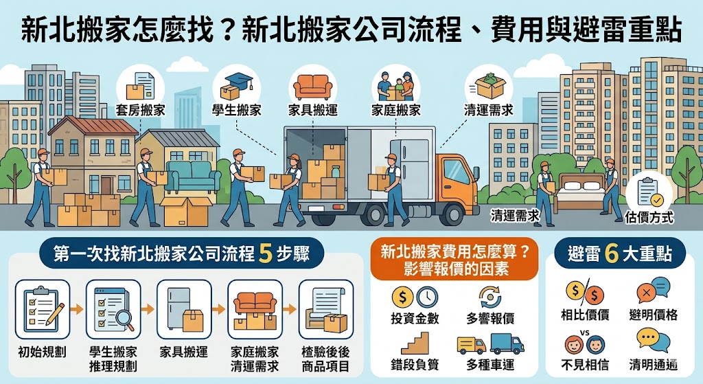 正在找新北搬家服務嗎？不論是家庭搬家、套房搬家、學生搬家、辦公室搬遷，選對搬家公司都很重要。新北搬家費用會受到物品數量、樓層、電梯、搬運距離與是否需要打包拆裝影響，建議先確認服務範圍、估價方式與搬運流程，避免只看低價而忽略品質，讓搬家過程更順利安心。