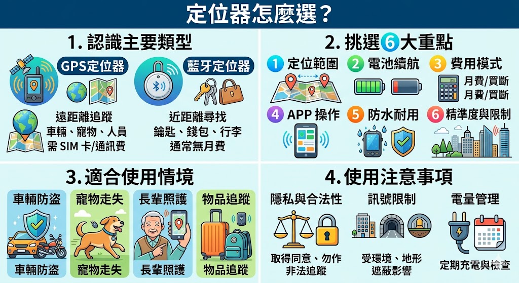 想找適合的定位器，先了解用途、定位方式、續航力與費用差異很重要。本文整理定位器常見類型、GPS 定位器與藍牙定位器差異、初次設定流程、挑選避雷重點與常見問題，協助你依照車輛、寵物、長輩照護、行李追蹤等需求，選擇更合適的定位器產品。