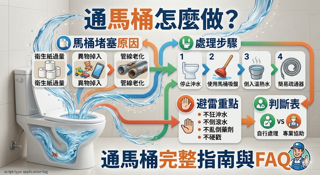 通馬桶是許多家庭遇到馬桶堵塞時最常搜尋的解決方式,當馬桶出現排水變慢、水位升高、沖不下去或反覆堵塞時,正確判斷原因非常重要。本文整理通馬桶的常見原因、處理步驟、工具使用方式與避雷重點,幫助你了解哪些情況可以先自行處理,哪些狀況需要找專業人員協助,避免因連續沖水、亂倒藥劑或硬戳管線,讓馬桶堵塞問題變得更嚴重。
